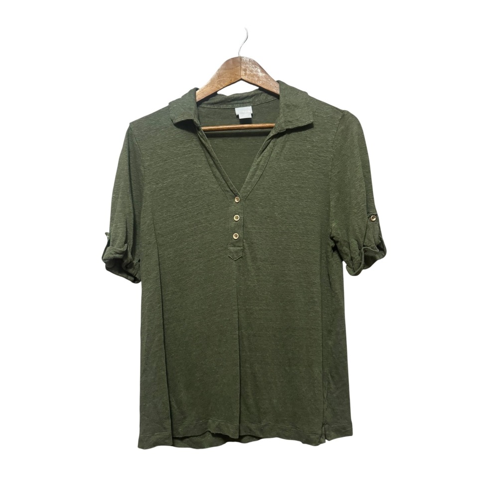 Chico's Polo Shirt Women Size 1 M Olive Green Excellent Roll Tab Henley Slub